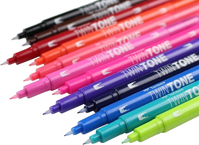 Tombow 61500 Twintone Marker Set, Bright, 12-Pack. Double-Sided Markers for Bold and Precise Writing