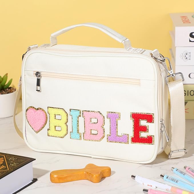 Silkfly Large Chenille Letter Bible Cover for Women Preppy Patch Bible Case Church Bible Bag with Handle(White)