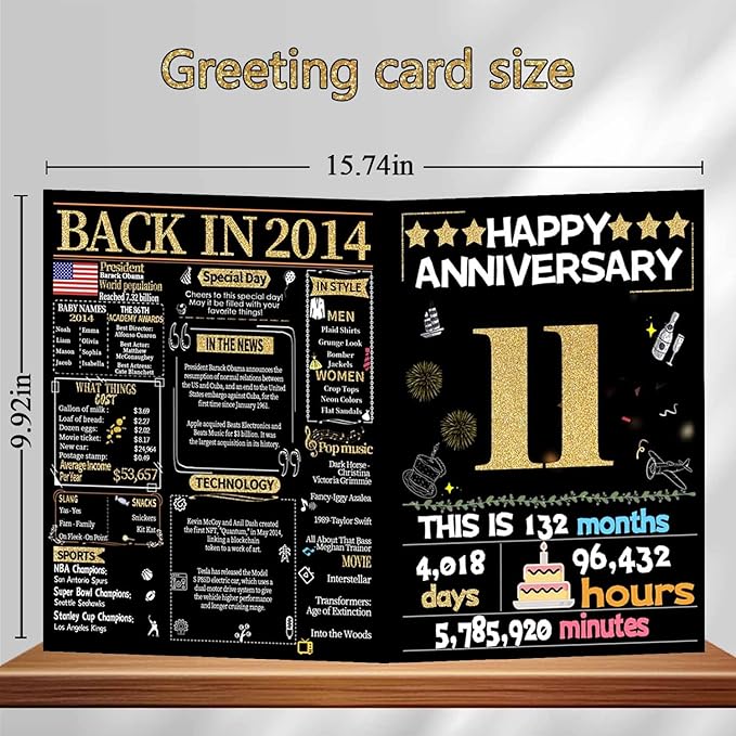 Joycard 11th Anniversary Card for Women Men, Gold Wedding Card for Wife Husband, Sweet Marriage Decorations Gifts for Couple, Perfect for Her Him on Anniversary Day, Back in 2014