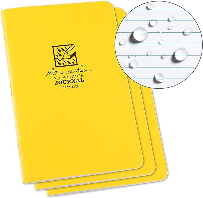 Rite In The Rain Weatherproof Stapled Notebook, 4 5/8" x 7", Yellow Cover, Journal Pattern, 3 Pack (No. 391FX)
