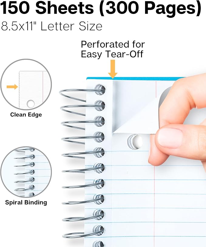 Dunwell 3 Subject Notebook College Ruled (Blue), 150 Sheets (300 Pages), Spiral Notebook 8.5 x 11, Plastic Cover, 3 Pocket Divider Folders, 3-Hole Punched Perforated Paper