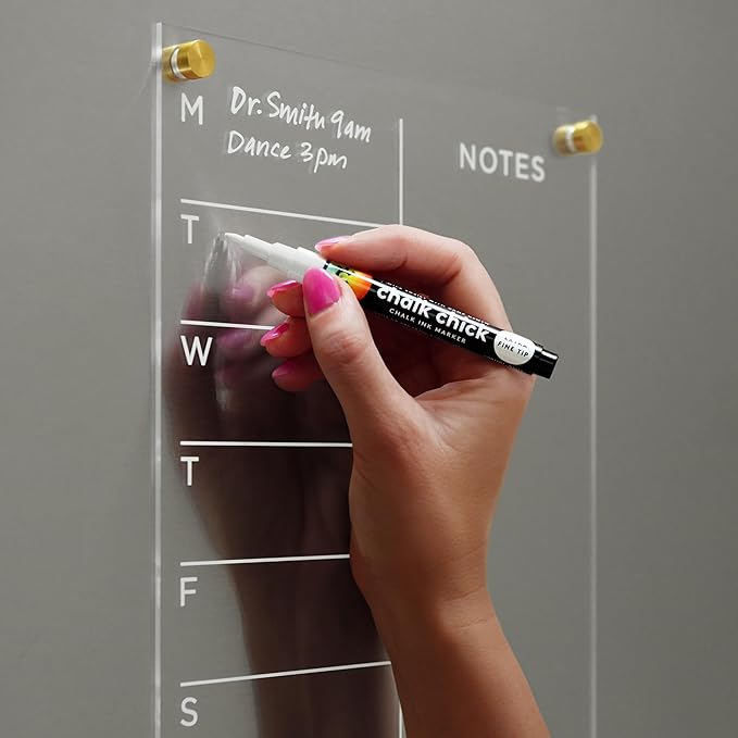 Magnetic Acrylic Weekly Calendar for Fridge, Weekly Meal Planner with Notes, Includes 4 Magnetic Wet-Erase Markers for Refrigerator, 9" X 12" | Gold Hardware