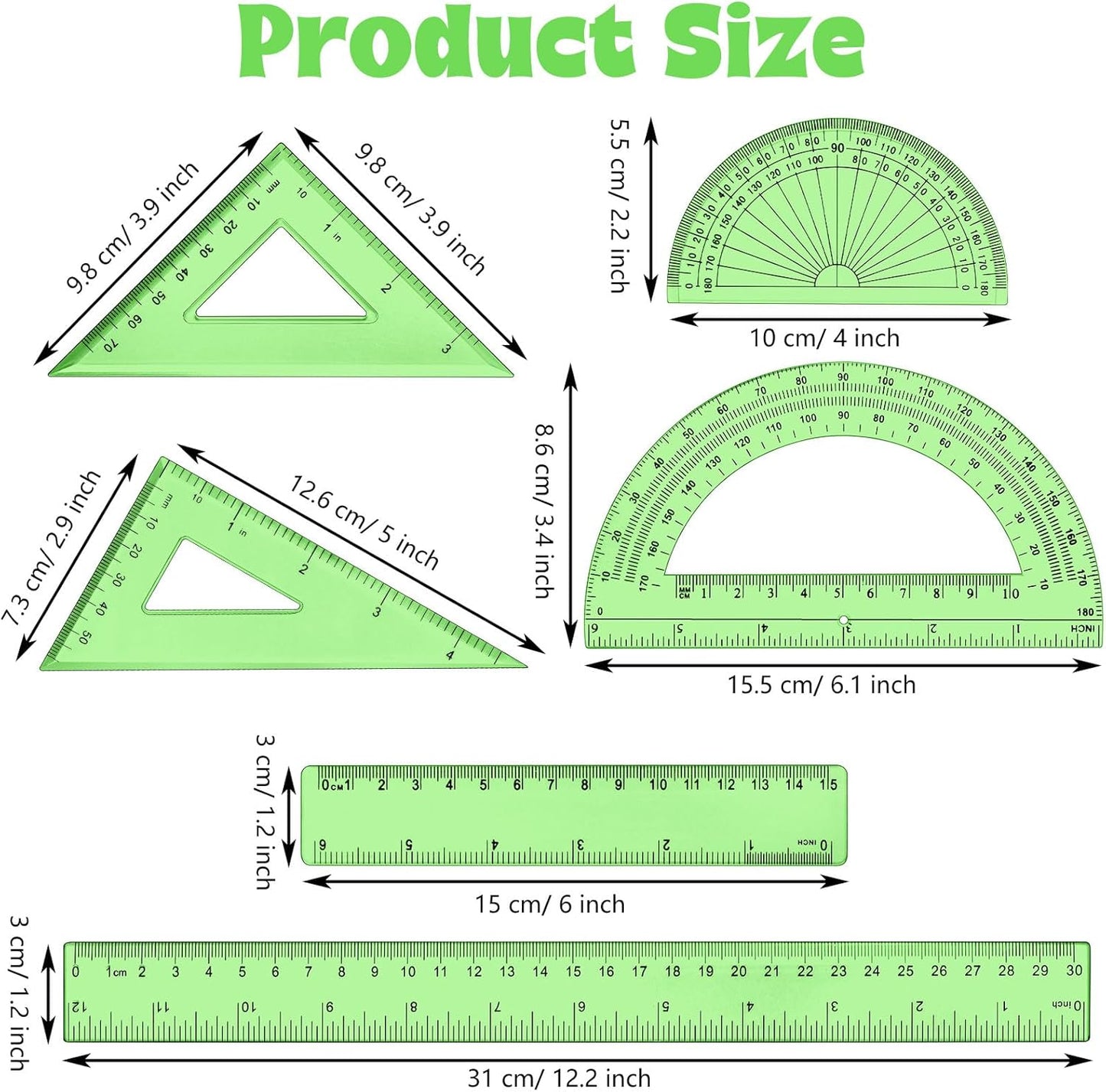 Tenare 1 Set Plastic Clear Math Set Includes Protractor Triangle Rulers 12 Inch 6 Inch Straight Geometry Math Transparent Ruler Measuring Tool for School Office Home Supplies (Green)