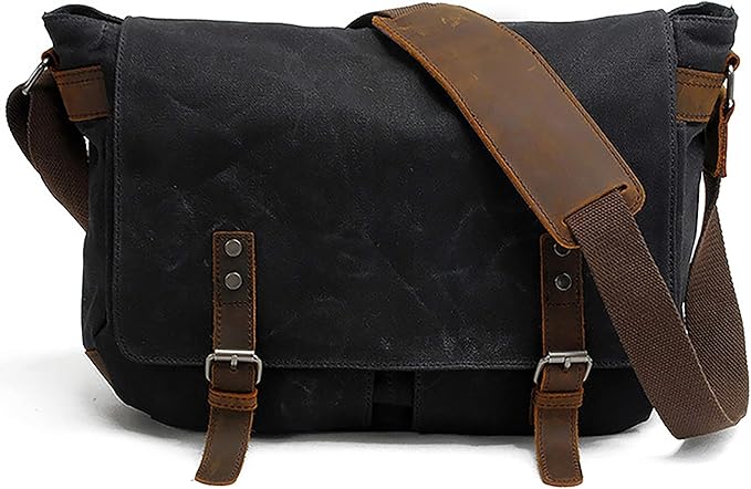HuaChen Men's Waxed Canvas Messenger Bag Shoulder Crossbody Laptop Bag Satchel (M49_Black)