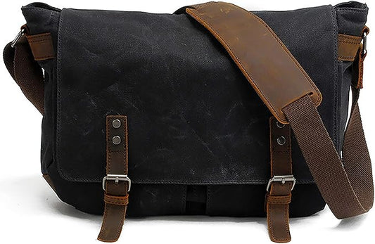 HuaChen Men's Waxed Canvas Messenger Bag Shoulder Crossbody Laptop Bag Satchel (M49_Black)
