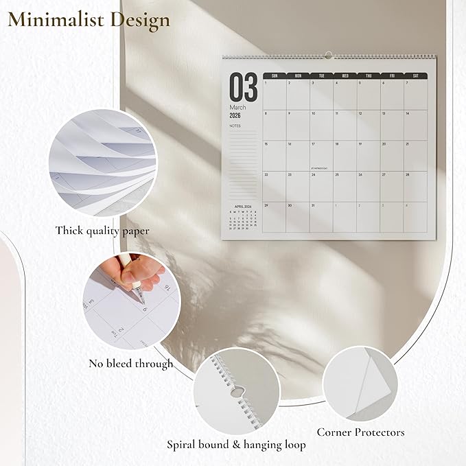 Makaplan Black & White Horizontal Coil Wall Calendar 2025-18 Month Calendar January 2025 to June 2026, 11x13.5 Inches Sleek Black & White Design with Spiral Twin-Wire Binding