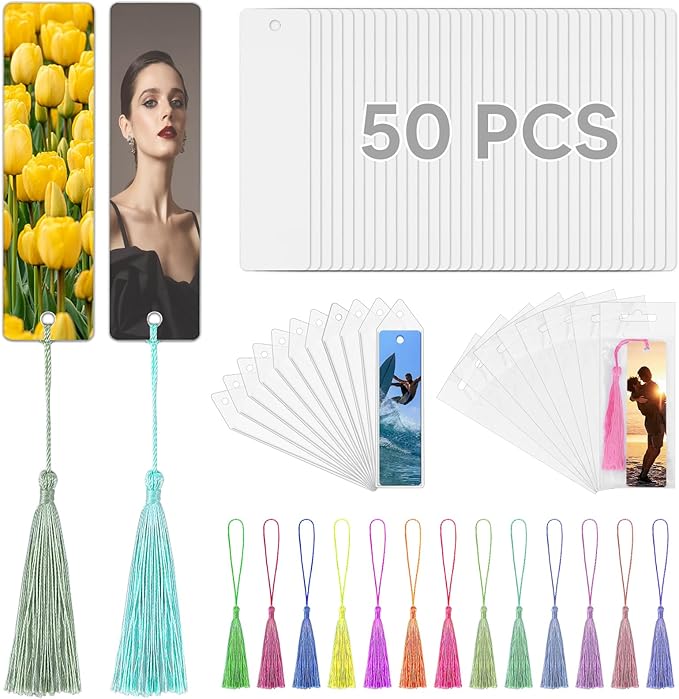 50 Sets Sublimation Blank Bookmarks Double Sided with Colorful Sleeves Tassels,Clear Bookmark and Self-Sealing Bags,Heat Transfer Metal Aluminum DIY Bookmark with Hole