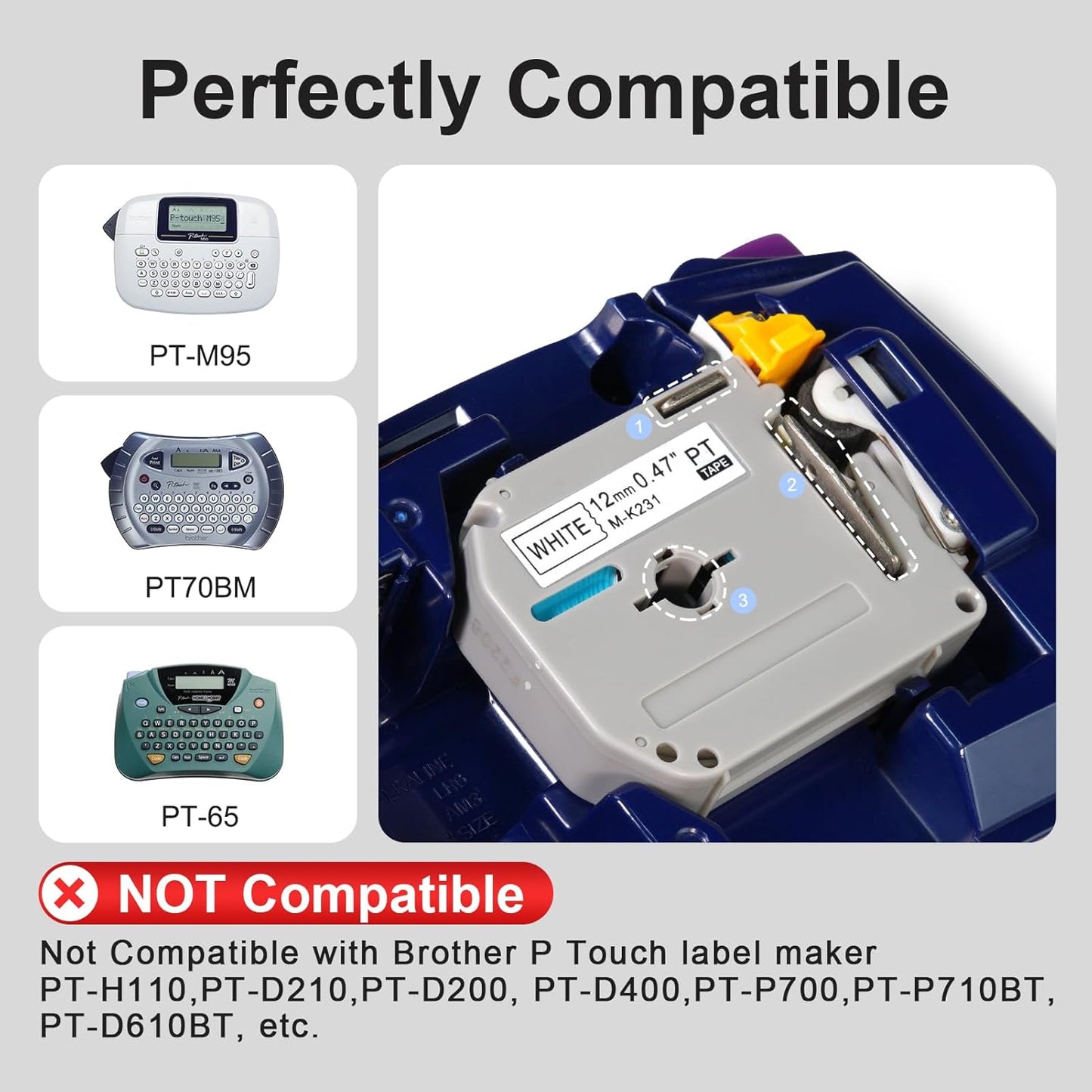 Compatible with Brother P Touch M Tape M-K231 K231s M231 MK-231 MK231 12mm 0.47'' White Label Maker Tape,Replacement for Brother PTouch PT-M95 PT-85 PT-75 PT-65 Label Makers