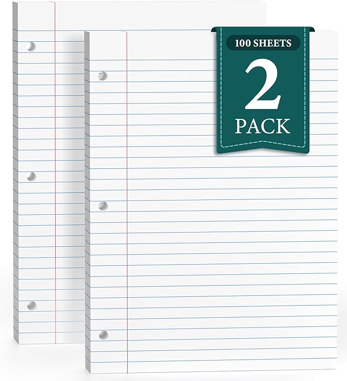 Loose Leaf Paper, Notebook Paper, 8.5 x 11 Wide Ruled Paper, 3 Hole Punch Binder Paper, Binder Notebook, Lined Paper for 3 Ring Binders, 200 Sheets Filler Paper, Writing Paper with Lines (2 Pack)