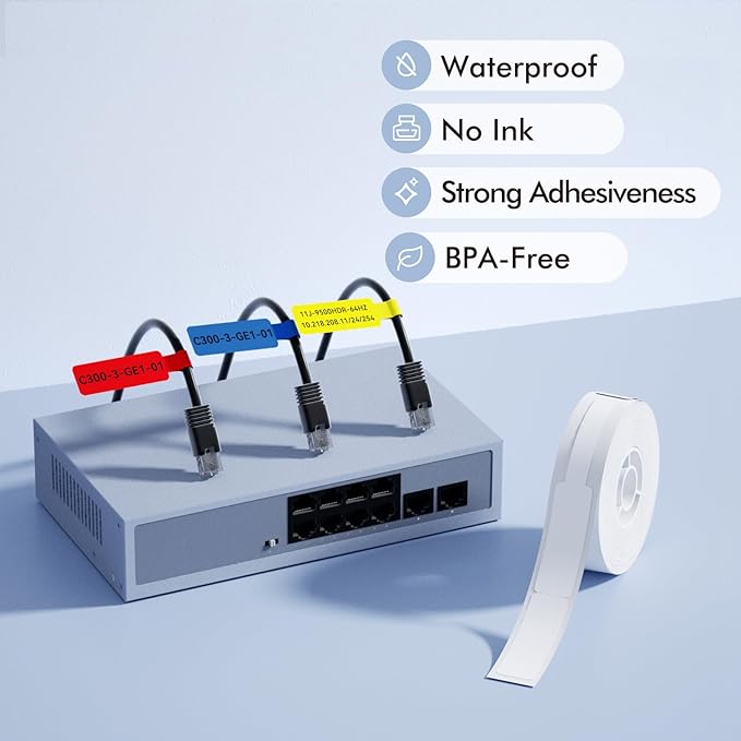 NIIMBOT White Cable Labels Maker Tape for D11/D110/D101 Label Maker, 0.49'' x 4.29'' -65 Tapes/Roll, Thermal Label Tape for Home Office Labeling Tape Replacement