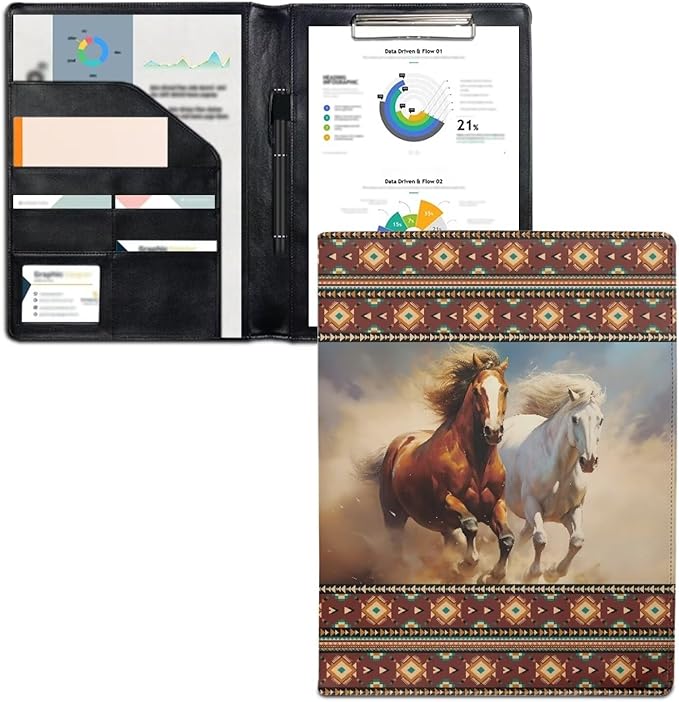 Horse Print PU Leather Padfolio Clipboard Clip Business Resume Portfolio A4 Folder Interview Legal Document Organizer Business Card Holder Letter