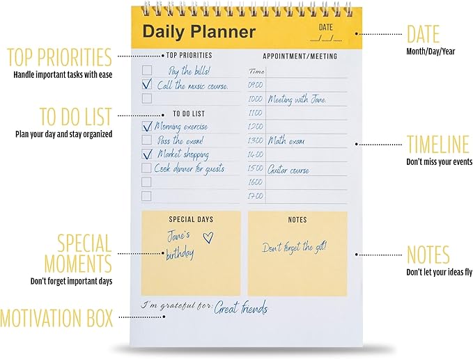 Daily Planner Notebook, To Do List Notepad, Spiral Notebook, Undated-52 Sheets-6.5" x 9.8" Checklist, Notebooks for Work, Personal Organizer Notepad, Daily Task Notebook (Yellow)