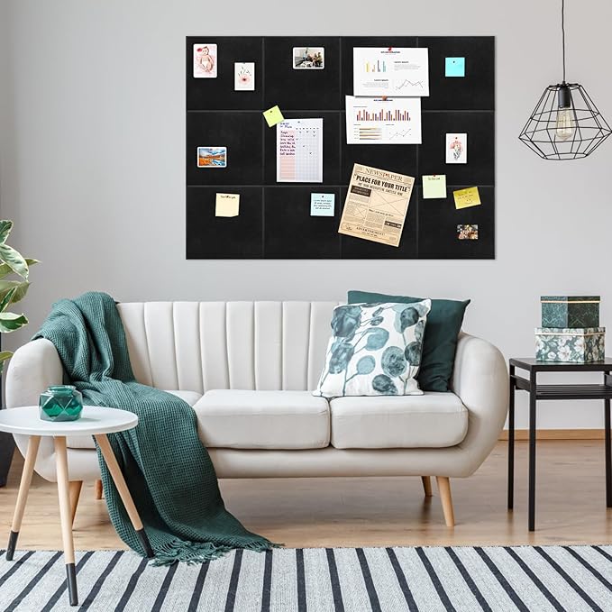 YOUEON 12 Pcs Black Felt Bulletin Board for Wall 12" x 12", Black Cork Board Alternative with Pushpins & Self Adhesive Stickers, Soundproof Wall Tiles, Pin Boards for Home Office School