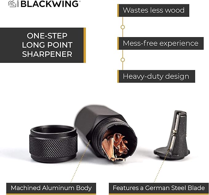 Blackwing One-Step Long Point Sharpener, German Steel Blade, Machined Aluminum, Compact Design, Black