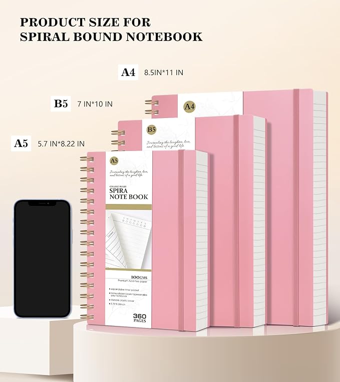 Pink Spiral Notebook Journal College Ruled 8.5''x 11'', 360 Pages Lined Thick Journals for Women Men, A4 Large Spiral Notebooks with 100GSM Paper, Spiral Journaling for Writing Work, School