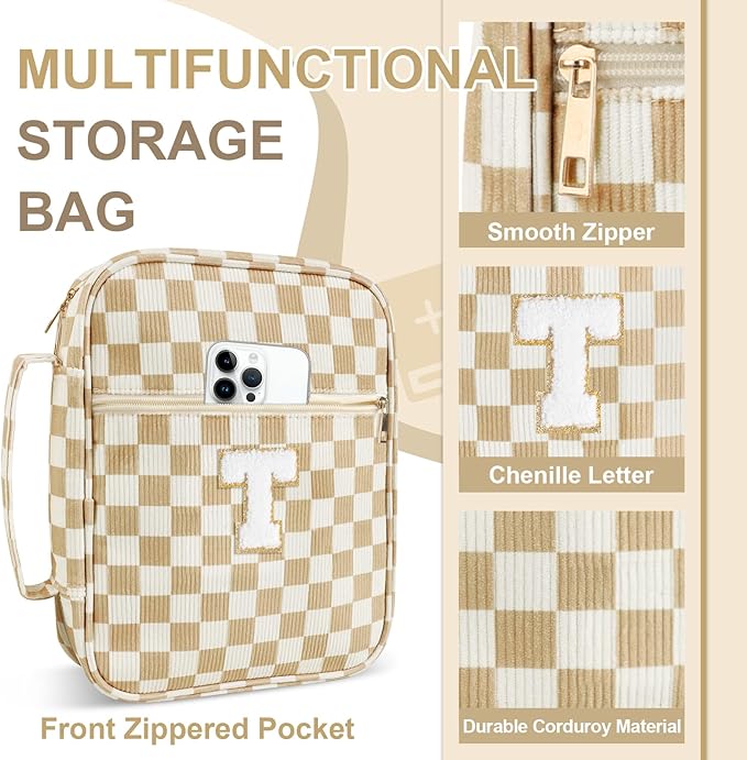 Personalized Initial Bible Cover Case for Women Girls Kid - Large Corduroy Bible Case with Handle, Stylish Chenille Letter Bag Study Supplies, Perfect Christmas Gifts for Christians Women (Khaki-T)