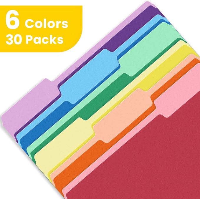 SUNEE File Folders, 30 Pack Manilla Folders 8.5 x 11, Colored File Folders Home Office School Supplies for Documents Files Paper, 6 Assorted Colors