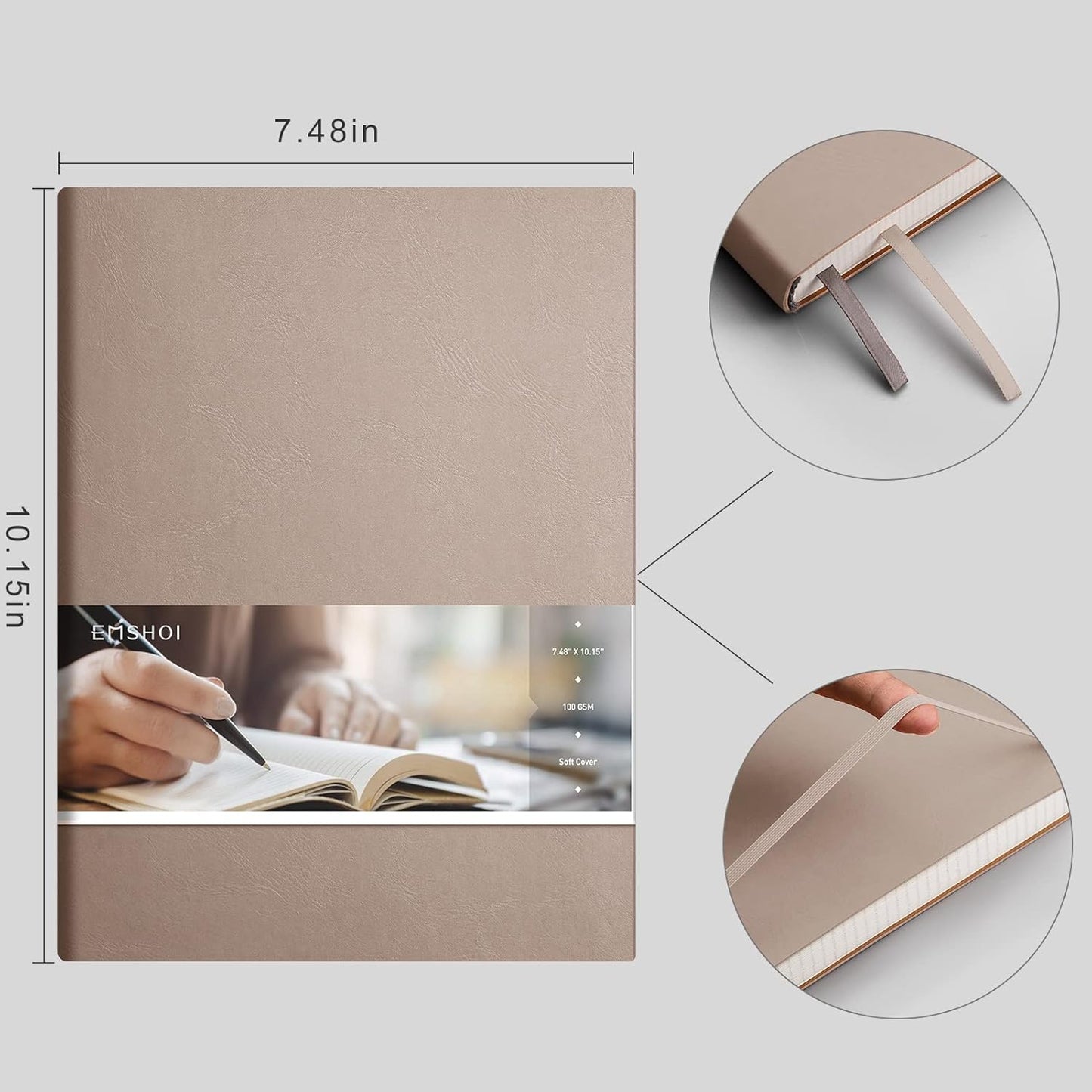 EMSHOI College Ruled Composition Notebook - Large B5 Notebook Lined Journal Leather with Free Sticky Notes, 204 Numbered Pages,100gsm Thick Lined Paper, Softcover, 7.5"x10"-Khaki