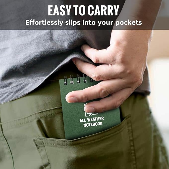 POPYOLA 6 Pack Waterproof Pocket Notebook, 3x5 Pocket Notepad, All Weather Mini Spiral Notepad, Write in the Rain Police Notepad with 100 Squared Pages for Outdoor Home Office School, Green