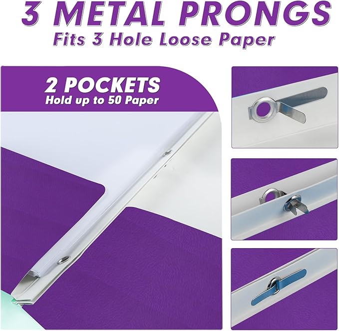 Two Pocket Folders, PANDRI 60 Pack Two Pocket Folders with Prongs, 3 Prong Folders Designed for Office and Classroom, Letter Size Purple