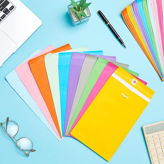 Geyee 300 Pcs 6 x 9 Inch Clasp Envelopes Manilla Envelopes Gummed Mailing Envelopes 28lb Kraft Clasp Closure for Storing or Mailing Colored Envelopes for Home Office Business(Bright Color)