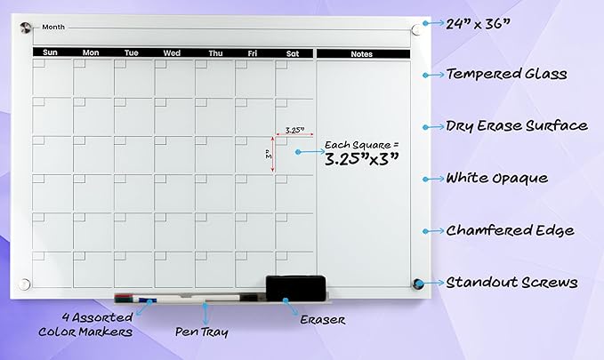 Real Glass Dry Erase Monthly Calendar, Extra Large 24" x 36", Tempered Glass Surface, Frameless Wall Mount, with 4 Assorted Color Markers and Eraser, by Better Office Products (Bright White)