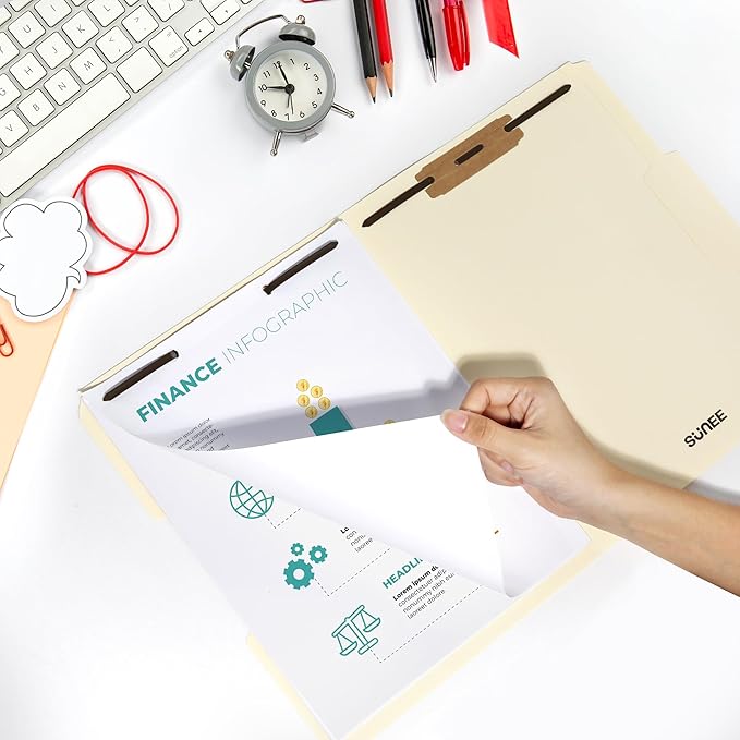 SUNEE File Folders with Fasteners, Manila Folders Letter Size, 2 Reinforced Fasteners, 1/3-Cut Tab, Manila, 50 Pack, Keep Organized for Your Office Documents School Files