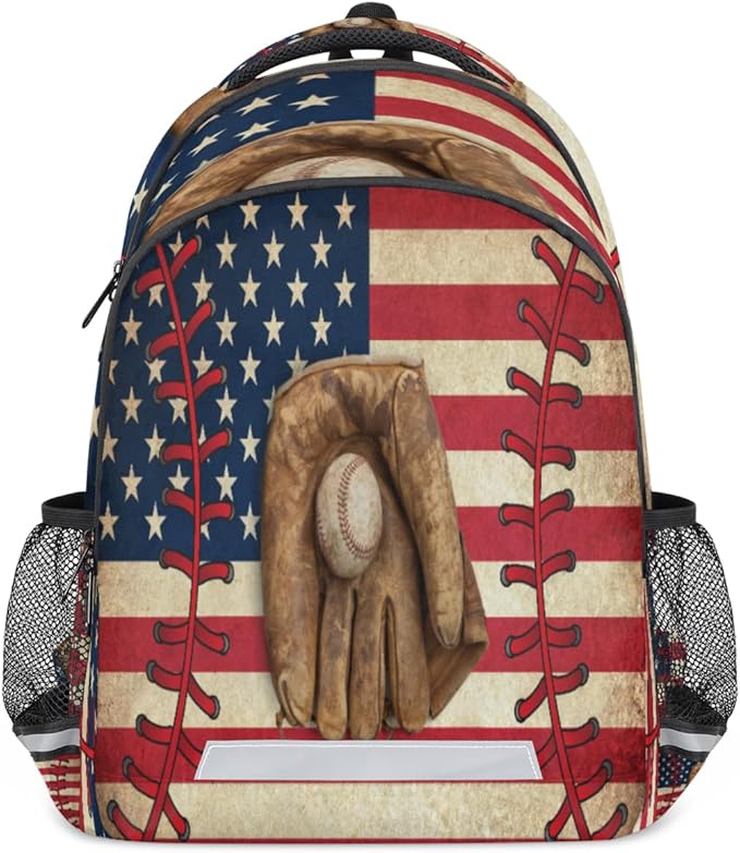 Vintage Baseball American Flag Pattern Backpack School Bookbag Laptop Purse Casual Daypack for Teen Girls Women Boys Men College Travel