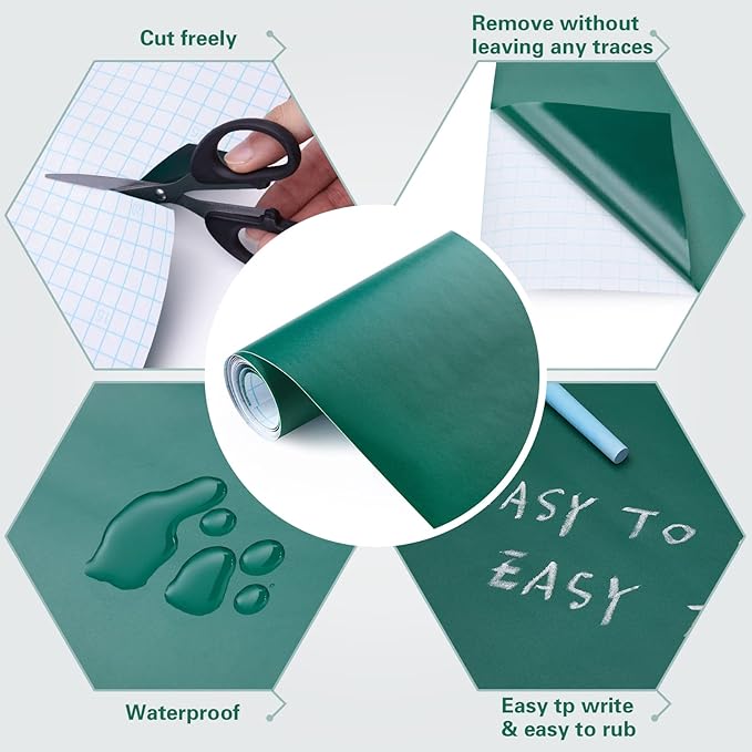 Chalkboard Wallpaper Stick and Peel: Green Contact Paper Classroom Chalkboard Stickers Chalk Board Paint Self Adhesive Wall Paper with 8 Colorful Chalks (17.5 X 78.7 Inches)