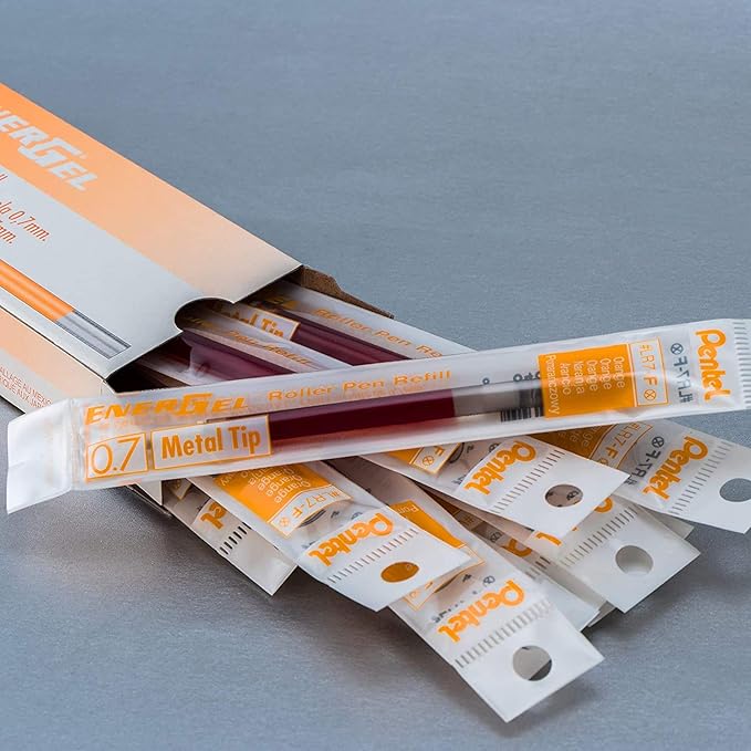Pentel Refill Ink For EnerGel and Lancelot Gel Pen, (0.7mm) Metal Tip, Orange Ink, Pack of 12 (LR7-F)