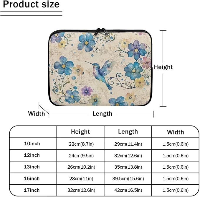 Hummingbird Printed Laptop Case Bag 10 Inch, Floral Printed Computer Bag Portable Laptop Sleeve for Boys, Easy to Carry Laptop Briefcase Work Bag Compatible with Most Laptops