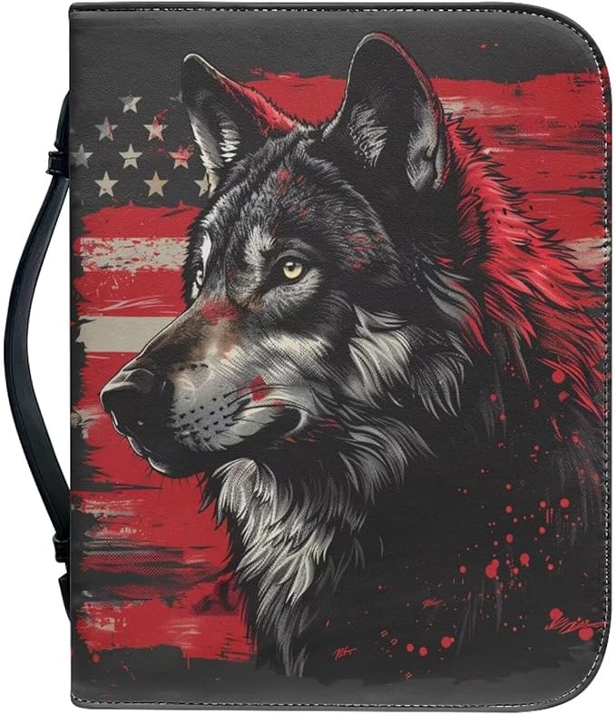 Lotusorchid American Flag Wolf Bible Bags, Faux Leather Bible Covers with Handle Pockets for Women, Portable Sturdy Bible Bag for Men, Christian Bible Study Accessories, Black and Red, M