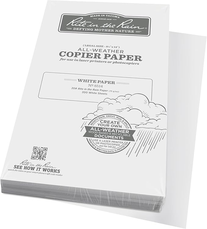 Rite In The Rain Weatherproof Copier Paper, 8.5" x 14", 20# White, 200 Sheet Pack (No. 8514)
