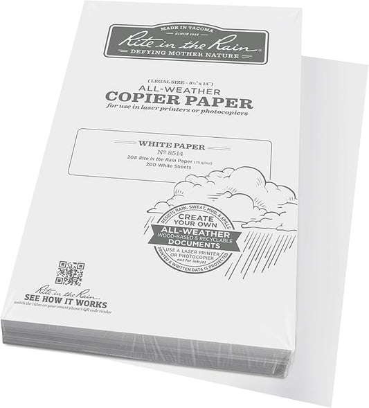 Rite In The Rain Weatherproof Copier Paper, 8.5" x 14", 20# White, 200 Sheet Pack (No. 8514)