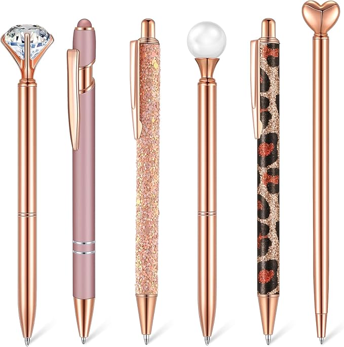 6 Pcs Ballpoint Pens Set Metal Crystal Diamond Pen for Journaling Glitter Pretty Cute Stationery Black Ink Fancy Gifts for Women Girls Teacher Office Wedding School Supplies(Rose Gold Series)