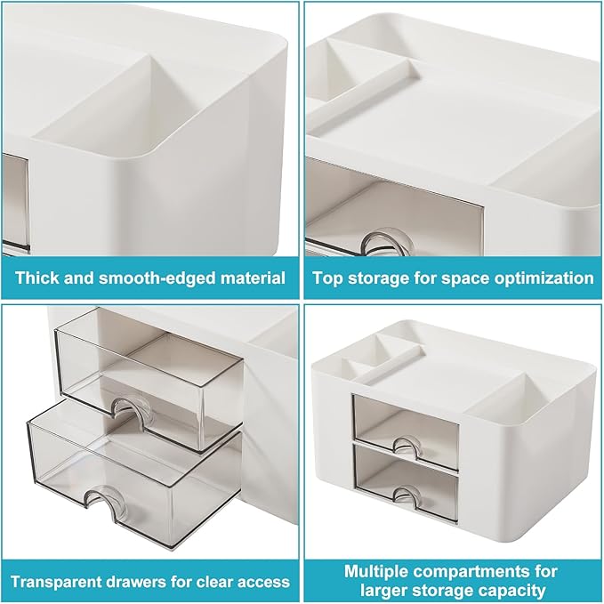 Pen Holder, Office Desk Organizer with Drawer, Pencil Holder for Desk Multi-Functional Pencil Pencil Cup Desktop Stationary Organizer Storage for Office School Home Art Supplies White