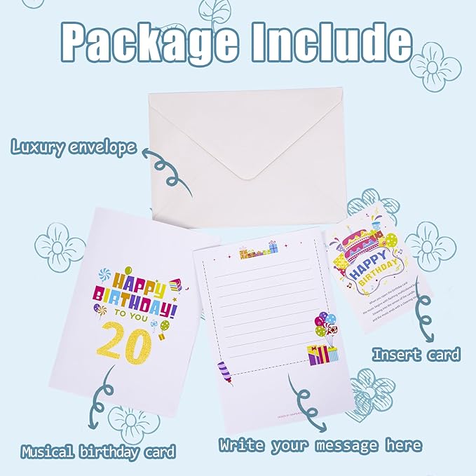 Gumry 20TH Musical Birthday PopUp Card, Blowable Colorful Light Candle 3D Cards with Song, Applause Cheers Sound, Greeting Cards Birthday Gifts Decorations for Girls Boys Turning 20 Years Old
