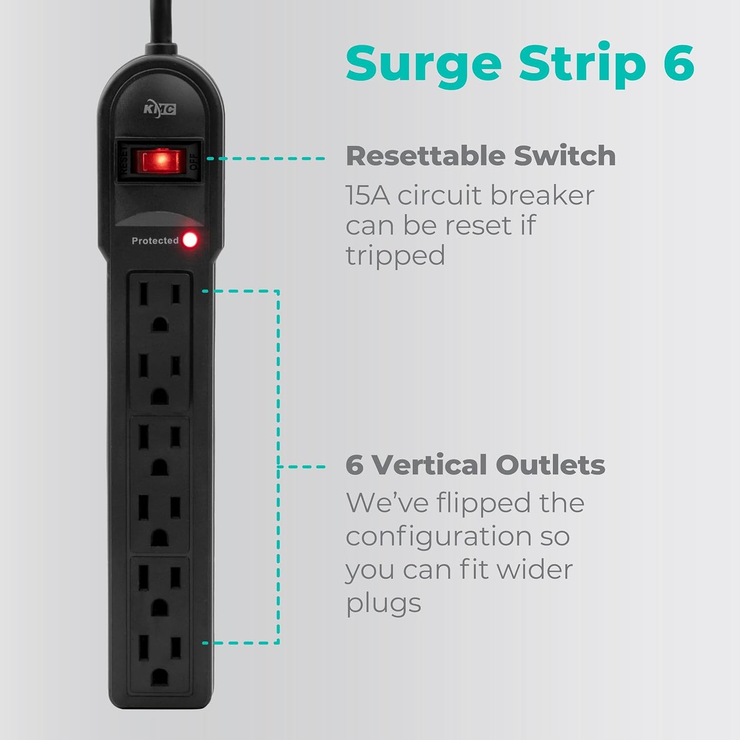 KMC 6-Outlet Surge Protector Power Strip 2-Pack, 900 Joules, 4-Foot Extension Cord, Overload Protection, Black