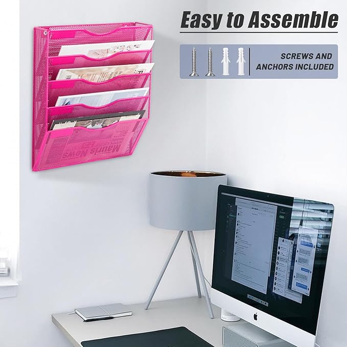 EASEPRES 5 Pocket Mesh Hanging Wall File Organizer, Wall Mounted Mail Paper Document Folder Holder, Clipboard Storage Organization Magazine Rack with Nametag Label for Office Home School, Rose Red