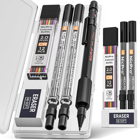 Nicpro 2mm Mechanical Pencils Set with Case, 12 Black Lead Refills,12 Colored Lead Refills, Erasers - MP2000 Weatherproof Metal Lead Holder, Heavy Duty Carpenter Pencil For Writing Drawing Woodworking