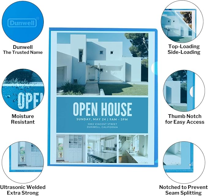 Dunwell Clear Plastic Folders Sleeves (36 Pack, Assorted Colors), Transparent Project Folders, Plastic Sleeves, Acid-Free Poly File Jackets for Documents, L-Sleeves for 8.5x11 Paper