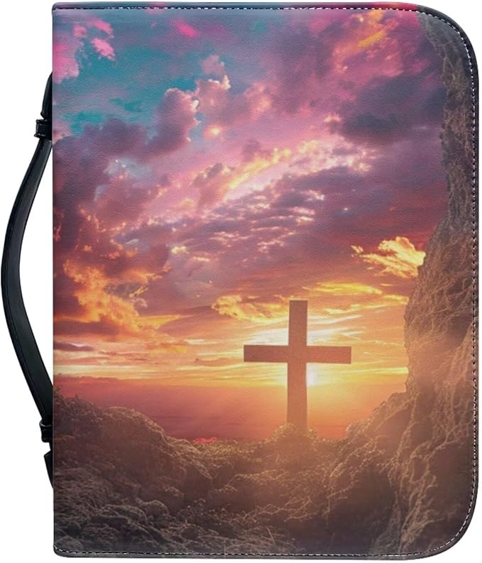 Lotusorchid Bible Book Cover for Women, Cross Print Bible Cover Case Sturdy Zippered Bible Carrying Case with Handle Pocket Portable Bible Bag for Bible Study, Pink, L
