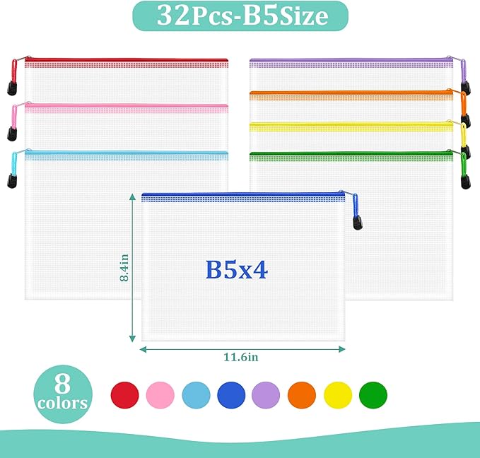 32pcs Mesh Zipper Pouch Bags, B5 Zipper Pouch, Mesh Bags With Zipper, Plastic Zipper Pouches, 8 Colors Zipper Pouches for Organizing, Board Game Storage, Travel, School Office organize