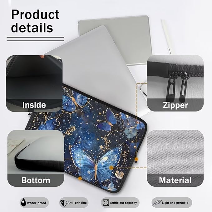 Butterfly Flower Laptop Sleeve for Women 15 inch Laptop Protector with Multiple Uses Computer Carrying Case Portable Tablet Bag Lap Top Case Men Laptop Protector Galaxy Blue