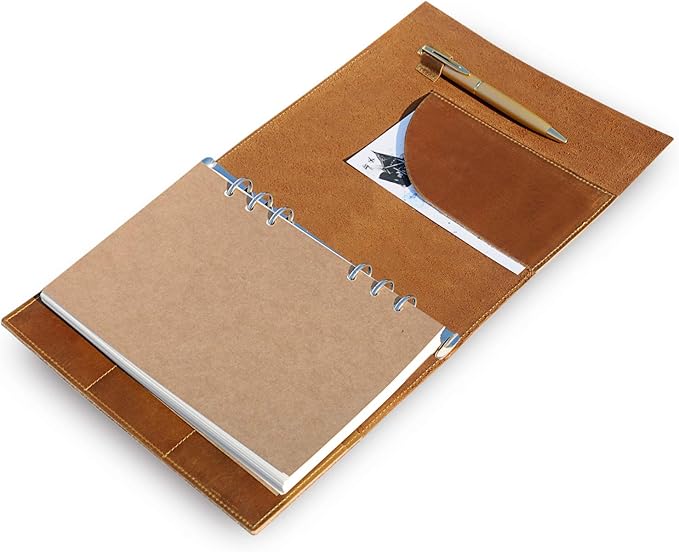 WANDERINGS Refillable A5 Leather Binder Journal - 8.5x6-6 Ring Binder Organizer with Pockets - Hand-Crafted Genuine Leather Folio - Filofax Compatible. 52 Weeks with Notes Section