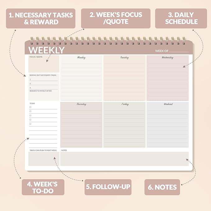 SUNEE Weekly To Do List Notepad - Last for 2 Years, 52 Undated Sheets, 8.5"×11", Spiral Weekly Desk Planner Pad for Adults and Kids, School, Home & Office - Brick Red