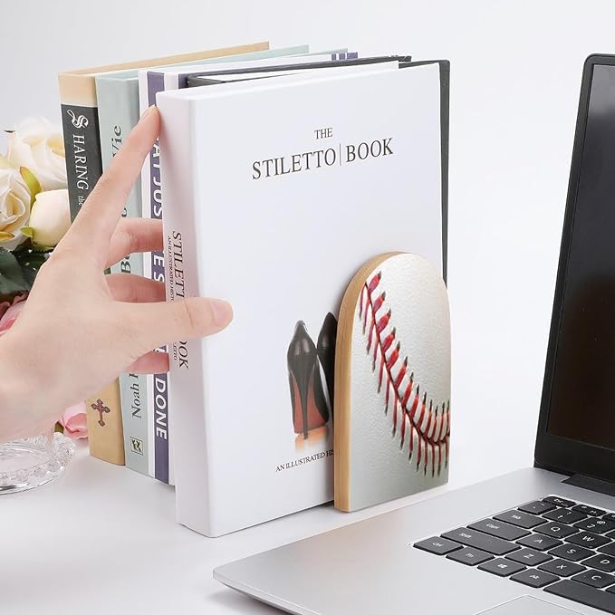 2 Pack Wood Bookends, Sport Ball Baseball Lace Non-Skid Book Ends for Heave Books, Decorative Bookends for Shelves Desk, Book Stoppers Book Holders for Home Office Library School