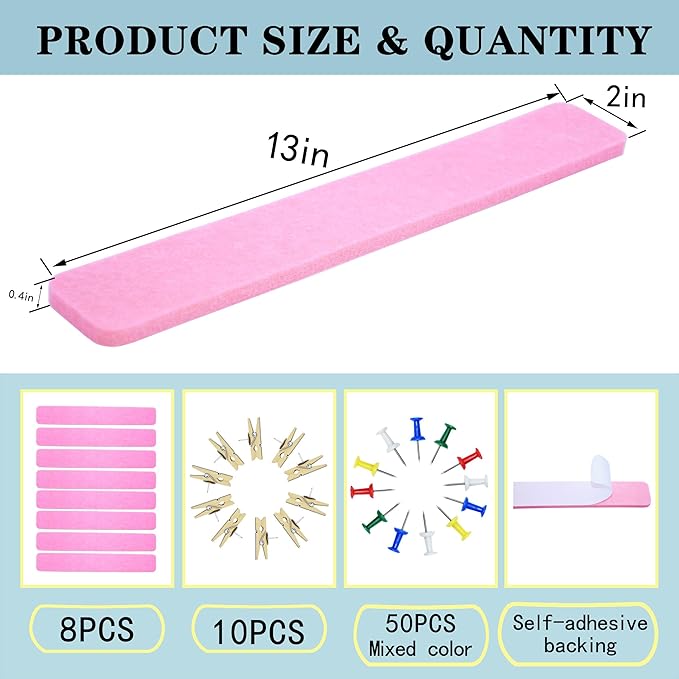 8Pcs Bulletin Board Strips,Pink Felt Pin Board Bar Strips with 50 Pushpins, Self-Adhesive Felt Cork Board Strips for Wall to Display Your Notes, Photos, Schedules, Announcements