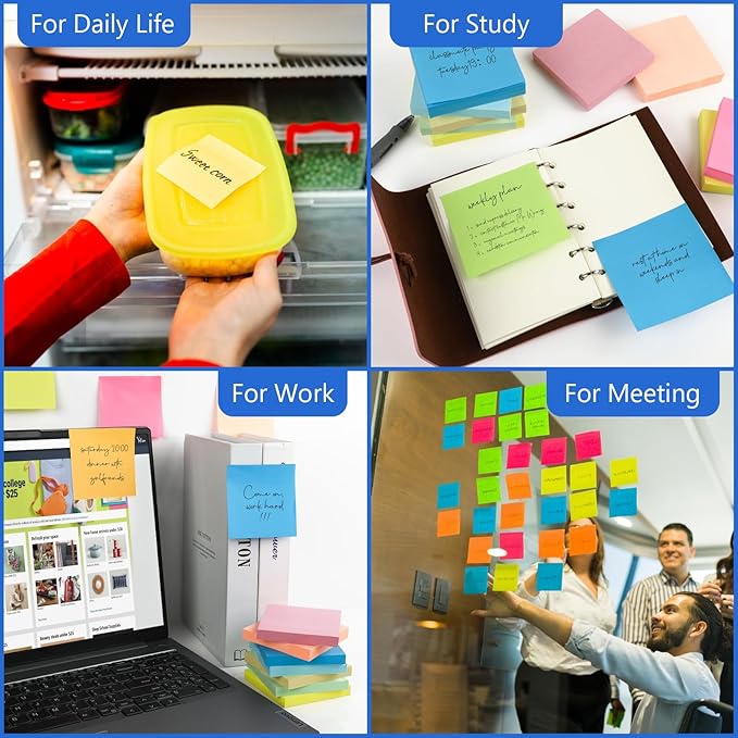 Sticky Notes,30 Pads,3x3 Inches, Colorful Self-Stick Notes Pads, Office Supplies,Perfect for Office, Study, and Daily Life Organization,100 Sheets/pad