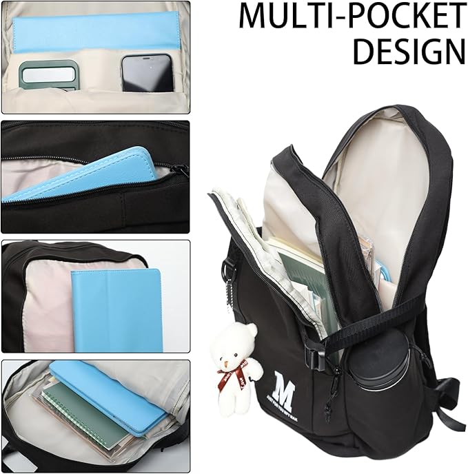 Boys and Girls Insulated Lunch Bag Set Backpack, Youth School Backpack, Children's Backpack, Laptop Backpack (Black)